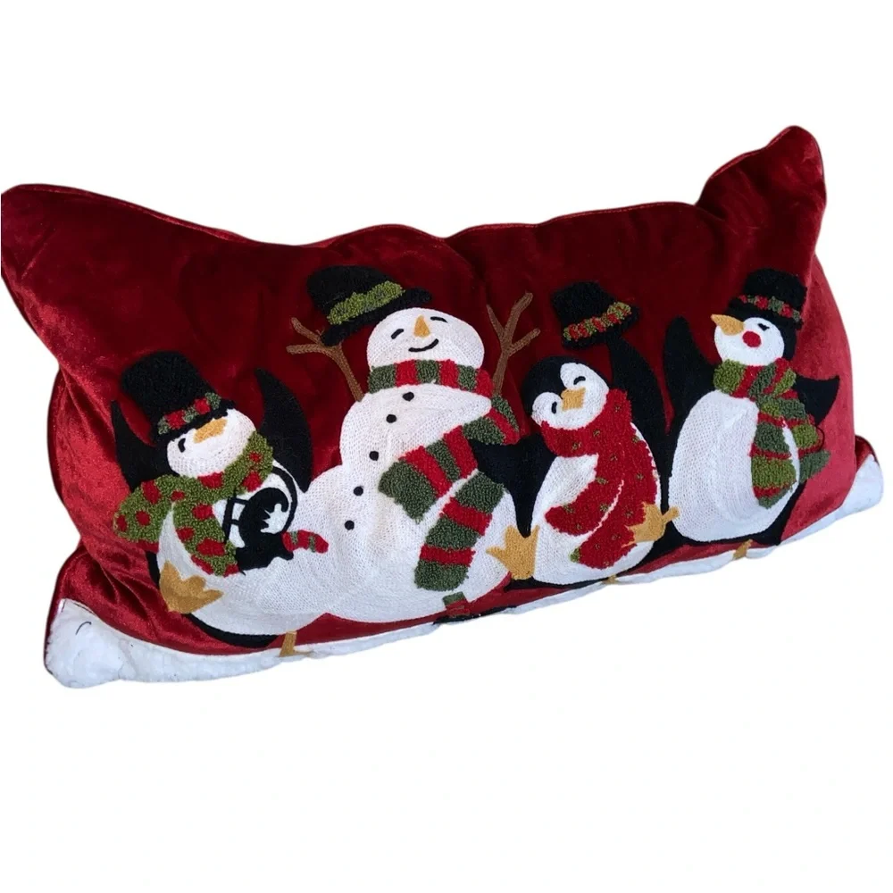 Peppermint Red Holiday Pillow with Snowman and Penguins